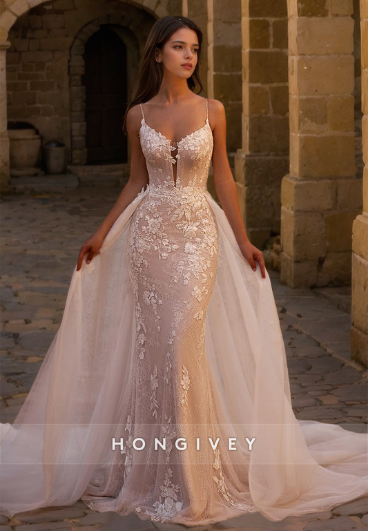 HONGIVEY Lace Applique Mermaid Wedding Dress with Train Straps Tulle Long Bride Gown