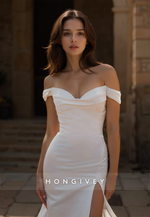 HONGIVEY Simple Sweetheart Off-Shoulder Mermaid Wedding Satin Dress with Side Slit