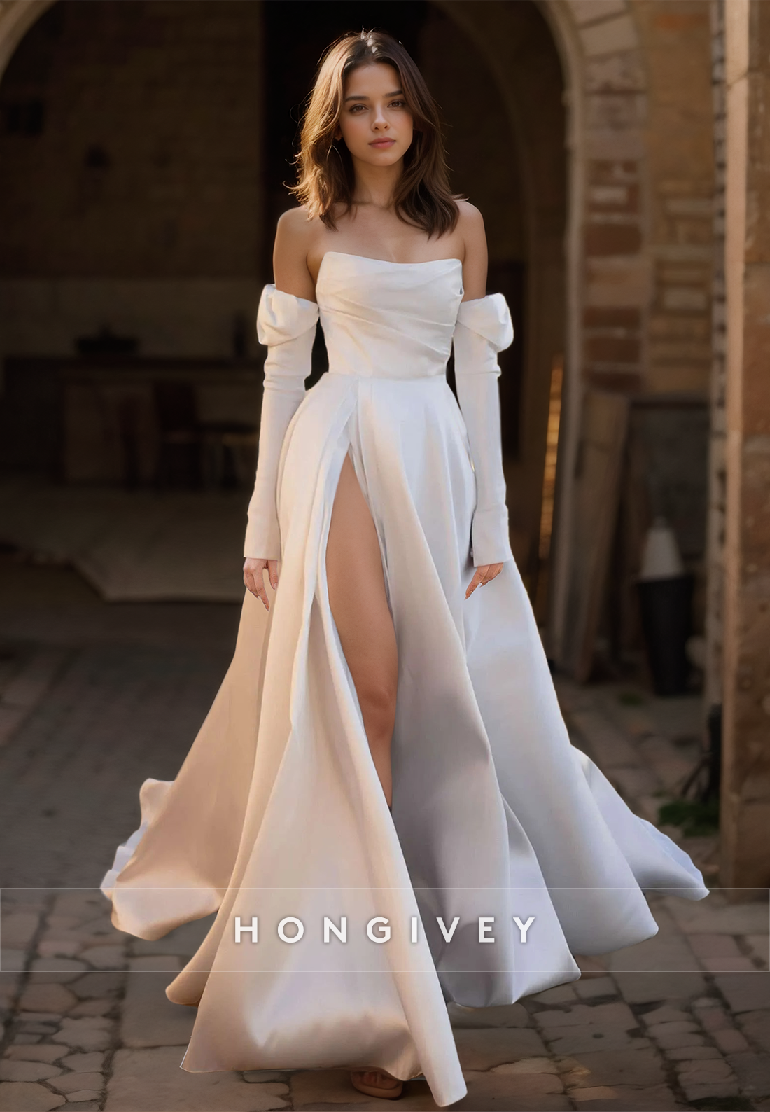 HONGIVEY Chic Long Sleeves A-Line Side Slit Satin Wedding Dress with Train