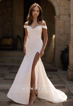 HONGIVEY Simple Sweetheart Off-Shoulder Mermaid Wedding Satin Dress with Side Slit