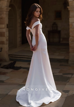 HONGIVEY Simple Sweetheart Off-Shoulder Mermaid Wedding Satin Dress with Side Slit