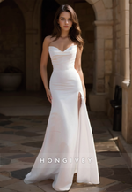 HONGIVEY Simple Sweetheart Off-Shoulder Mermaid Wedding Satin Dress with Side Slit