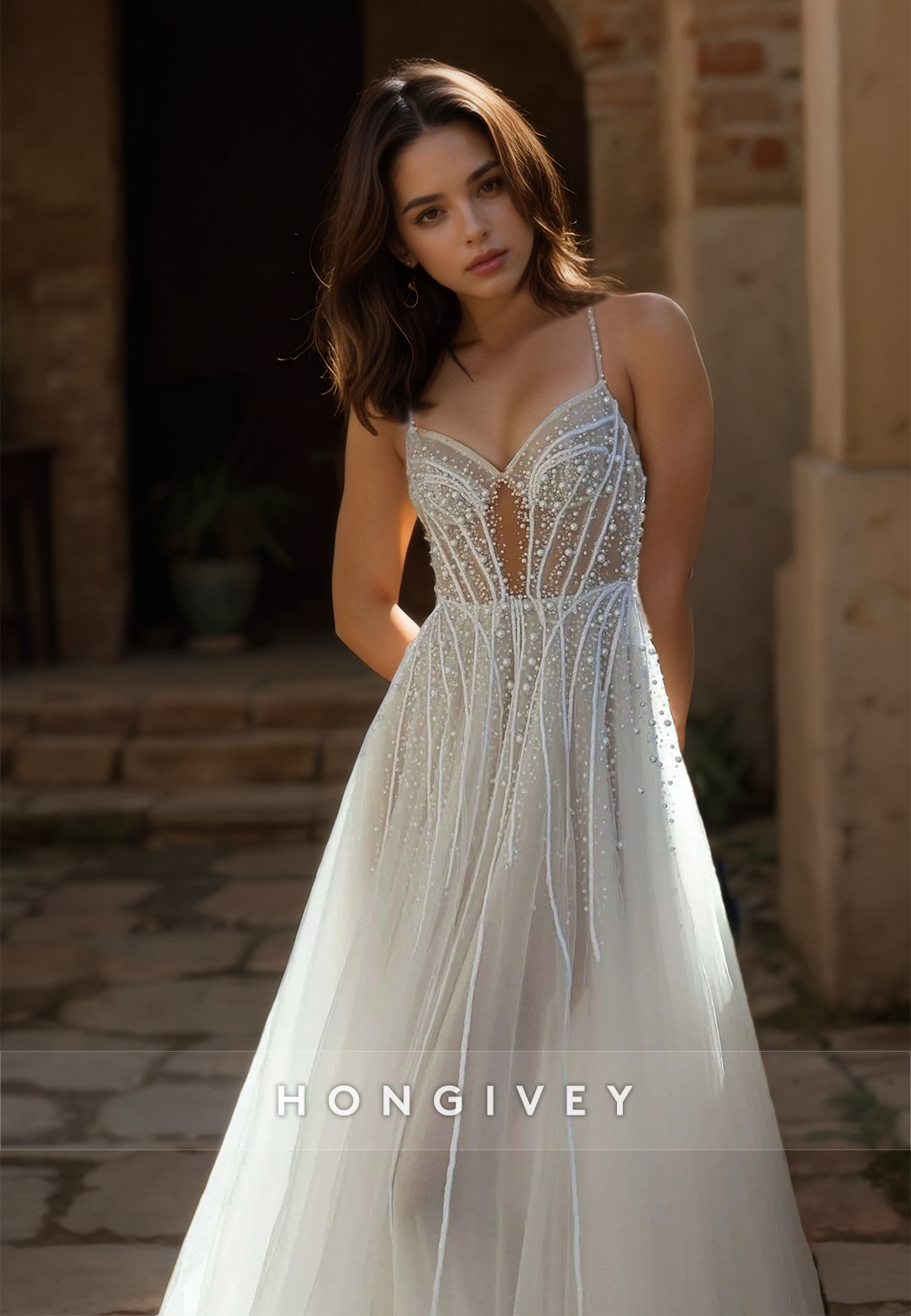 HONGIVEY Glitter Pearls Beach Wedding Dress Beaded Sweetheart A-Line Tulle Bride Gown