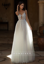 HONGIVEY Glitter Pearls Beach Wedding Dress Beaded Sweetheart A-Line Tulle Bride Gown