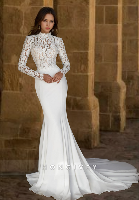 HONGIVEY High Neck Applique Mermaid Wedding Dress with Train Sleeves Backless Bride Gown