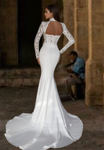 HONGIVEY High Neck Applique Mermaid Wedding Dress with Train Sleeves Backless Bride Gown