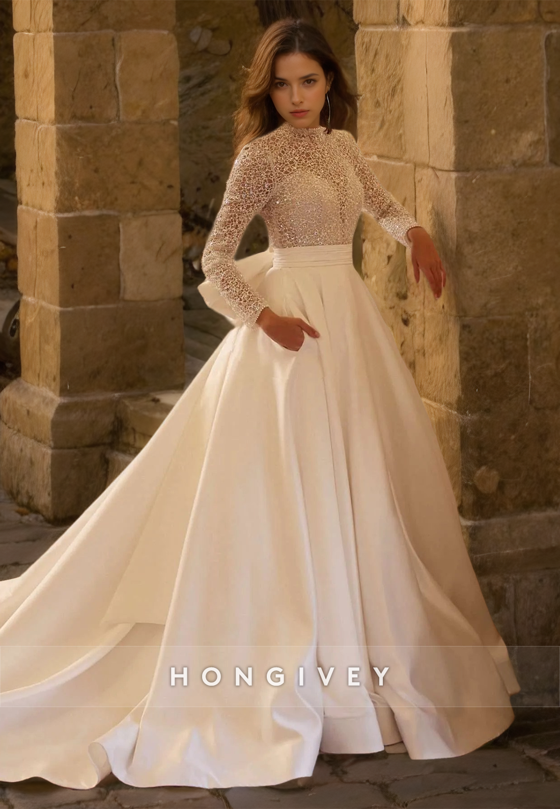 HONGIVEY Glitter High Neck Wedding Dress with Train Long Sleeves A-Line Satin Bride Gown