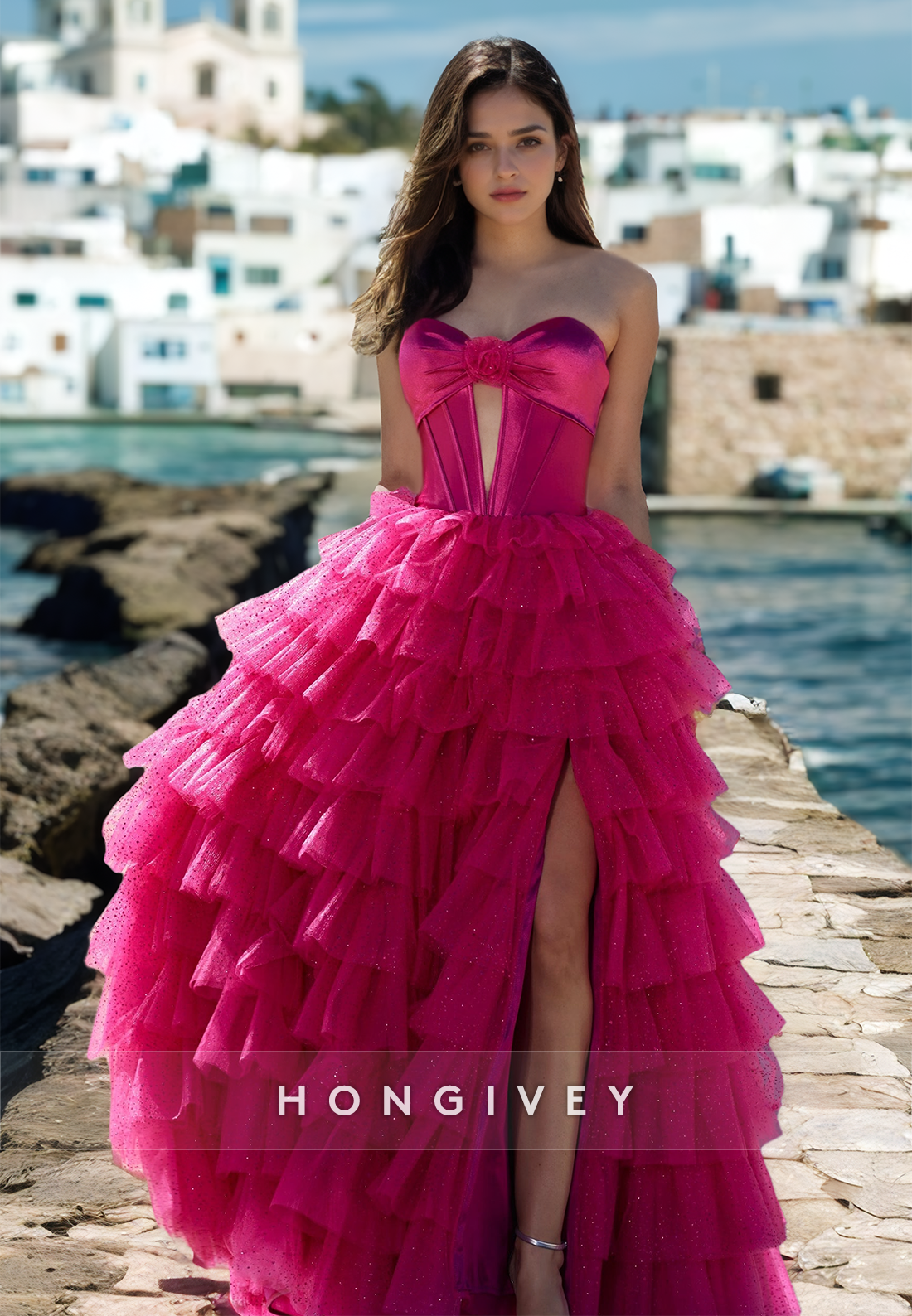 HONGIVEY Strapless Tulle Prom Dress Fuchsia Tiered A-Line Evening Dress Quinceanera Dresses