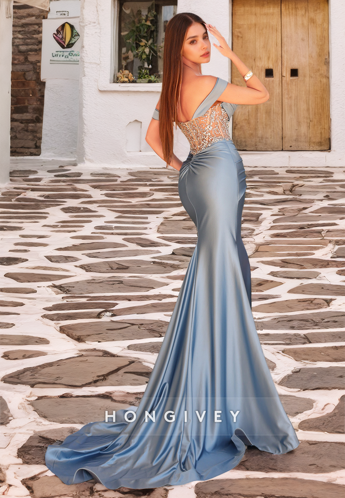 HONGIVEY Beaded Off-Shoulder Mermaid Formal Evening Dress with Train Satin Sweetheart Prom Gown