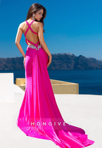 HONGIVEY Open back Fuchsia Mermaid Formal Evening Dress Straps Prom Gown