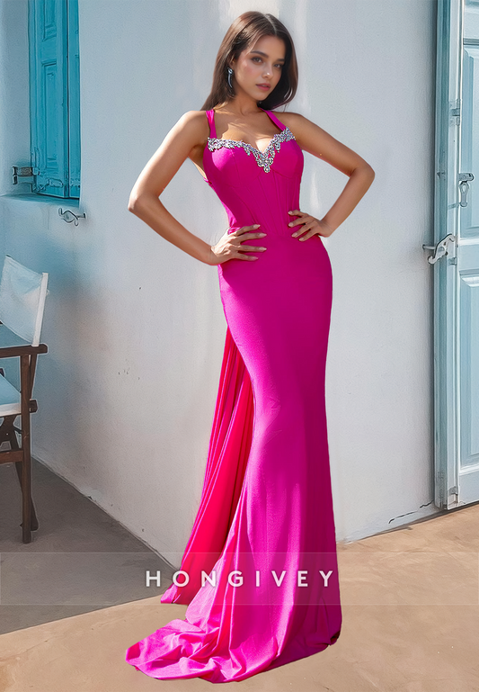 HONGIVEY Open back Fuchsia Mermaid Formal Evening Dress Straps Prom Gown