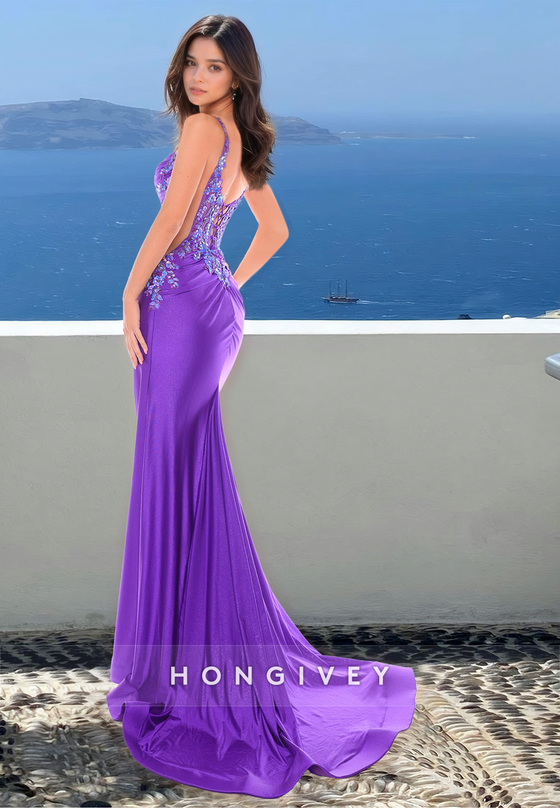 HONGIVEY Sparkle Floral Formal Evening Dress Beaded Purple Straps Side Slit Prom Gown