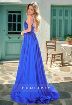 HONGIVEY Chic Applique Straps Formal Evening Dress Royal Blue Black A-Line Prom Gown