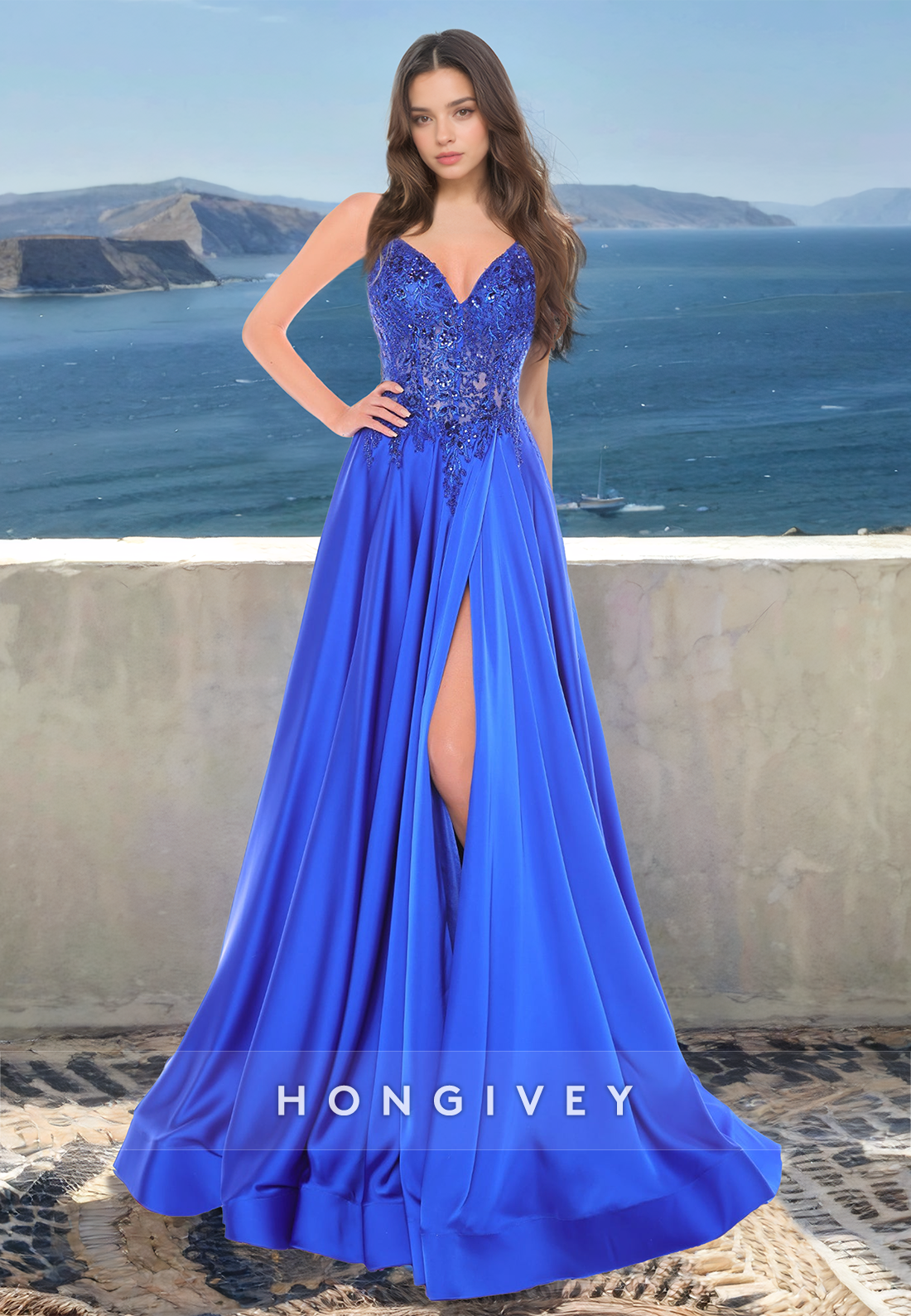 HONGIVEY Chic Applique Straps Formal Evening Dress Royal Blue Black A-Line Prom Gown