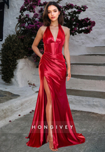 HONGIVEY Sexy V-Neck Backless Empire Waist Evening Dress with Side Slit Formal Party Dress