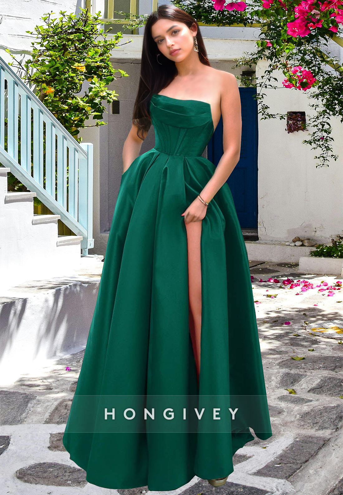 HONGIVEY Strapless A-Line Side Slit ClassicLong Formal Party Dress Prom Gown Ball Gown