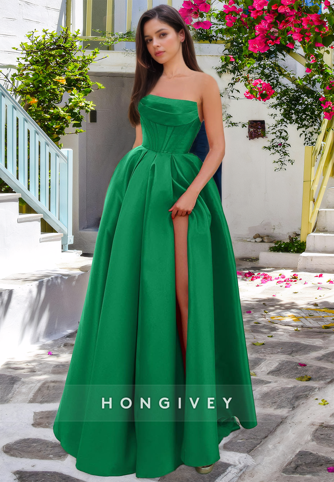 HONGIVEY Strapless A-Line Side Slit ClassicLong Formal Party Dress Prom Gown Ball Gown