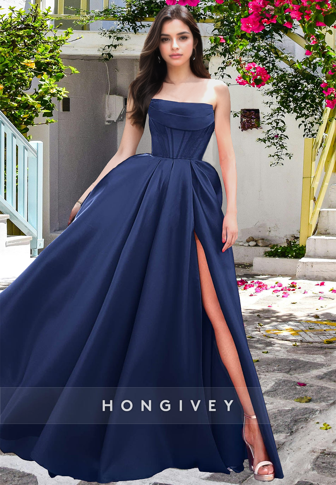 HONGIVEY Strapless A-Line Side Slit ClassicLong Formal Party Dress Prom Gown Ball Gown