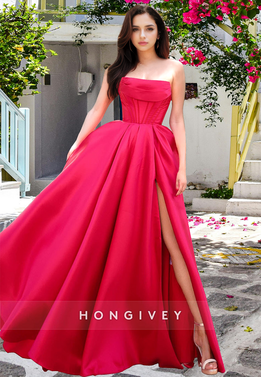 HONGIVEY Strapless A-Line Side Slit ClassicLong Formal Party Dress Prom Gown Ball Gown