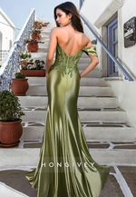 HONGIVEY One Shoulder Ruched Sheath Evening Dress Applique Prom Gown with Side Slit