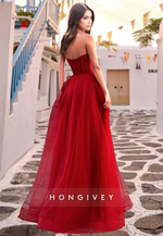 HONGIVEY Red Strapless Sweetheart Side Slit A-Line Evening Dress Prom Dress Ball Gown