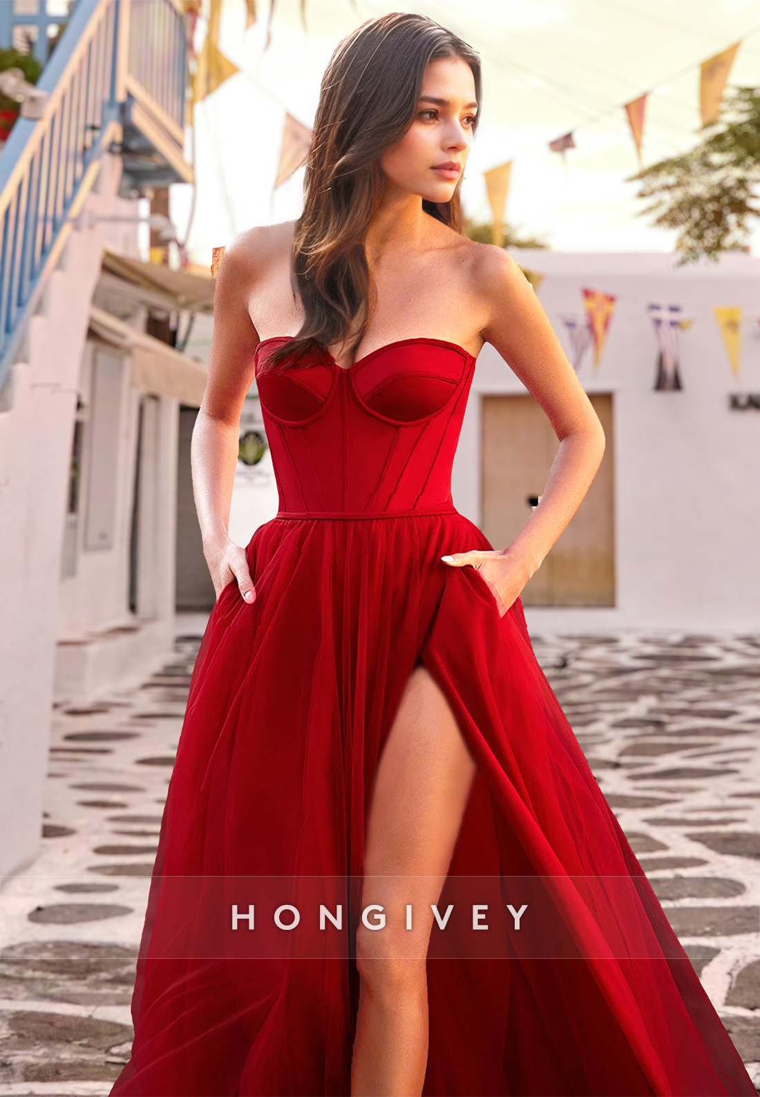 HONGIVEY Red Strapless Sweetheart Side Slit A-Line Evening Dress Prom Dress Ball Gown