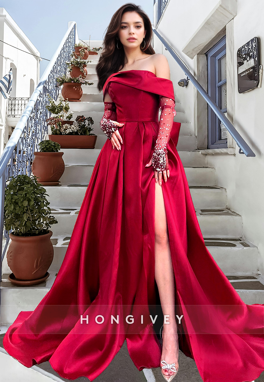 HONGIVEY Red Formal Evening Dress Elegant Long Sleeves with Bow A-Line Prom Gown