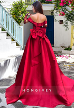 HONGIVEY Red Formal Evening Dress Elegant Long Sleeves with Bow A-Line Prom Gown