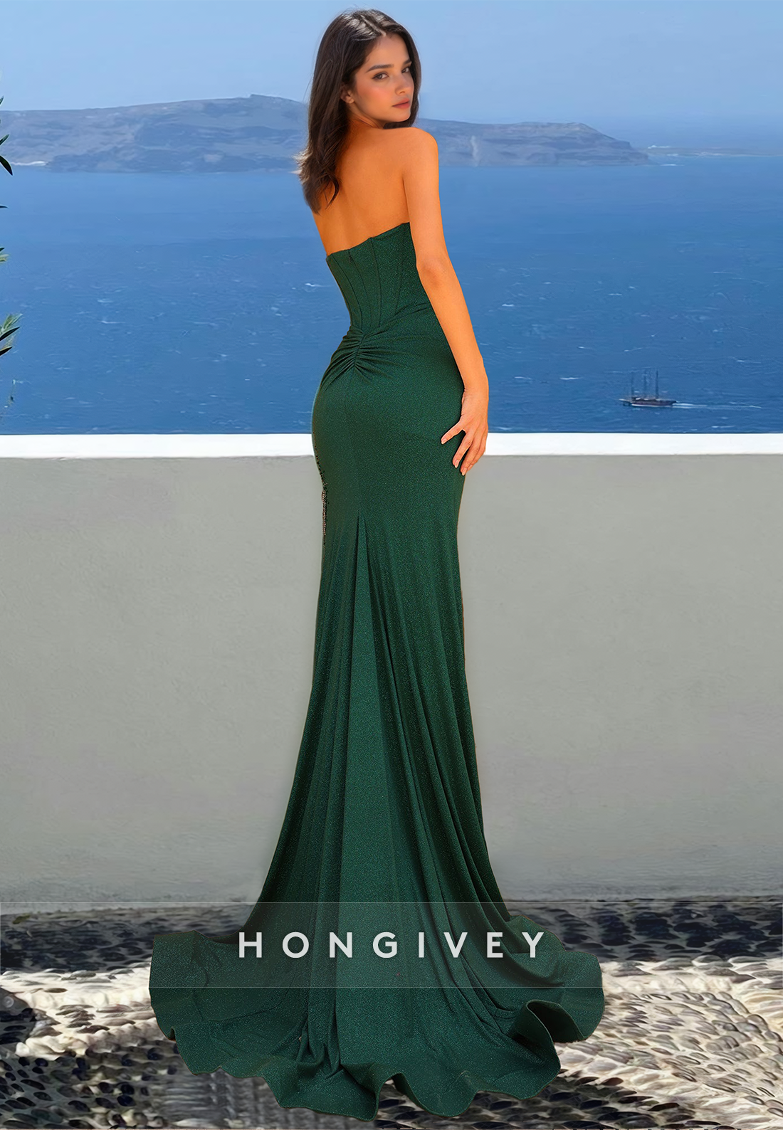 HONGIVEY Dark Green Strapless Sheath Evening Dress Special Tassels Beaded Formal Wear