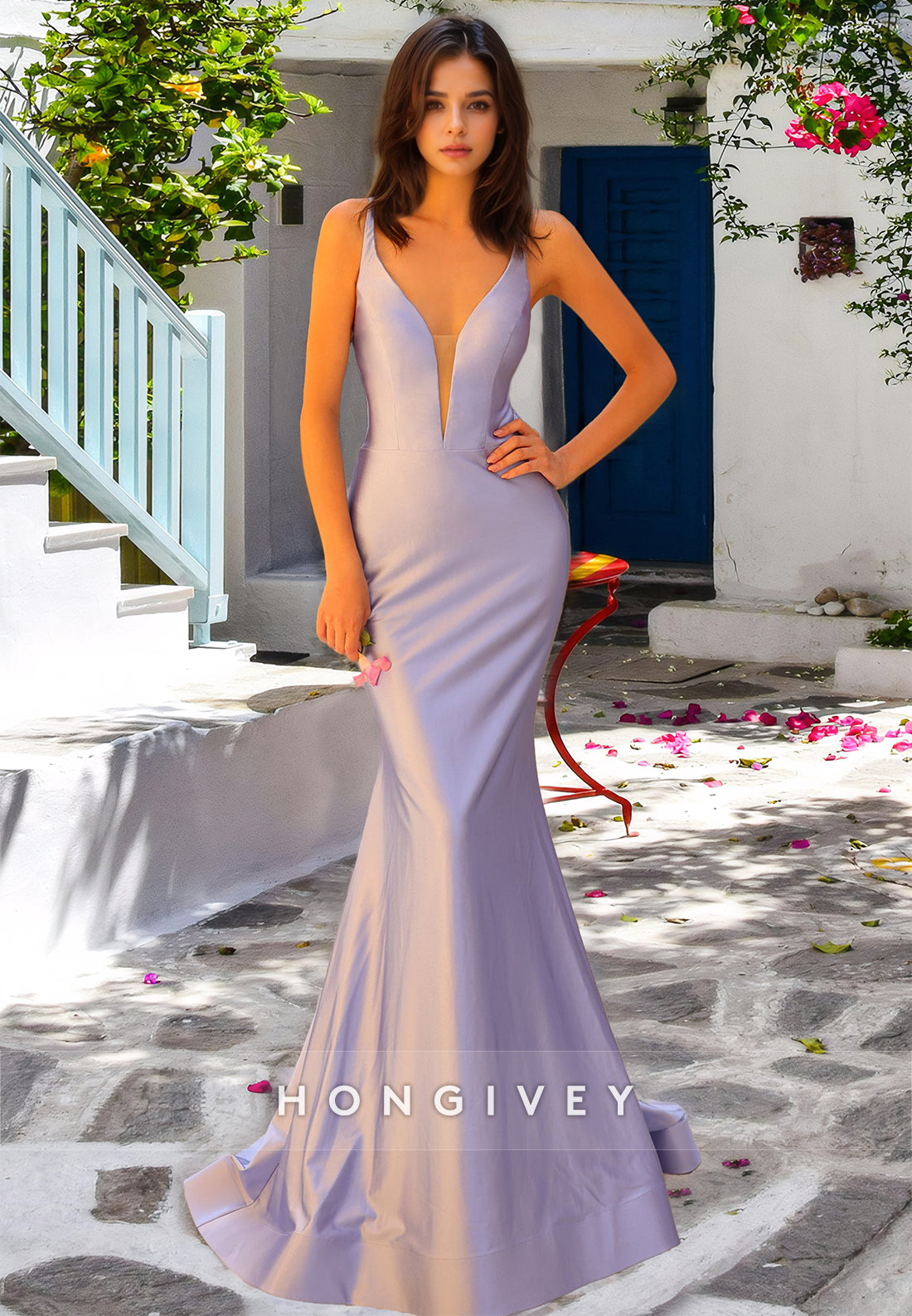 transparent elegant dress HONGIVEY Sexy Liac V-Neck Backless Straps Mermaid Evening Formal Occasion Color:Dark Berry Crepe Fit & Flare This halter floor YGroup_colourway-cabo