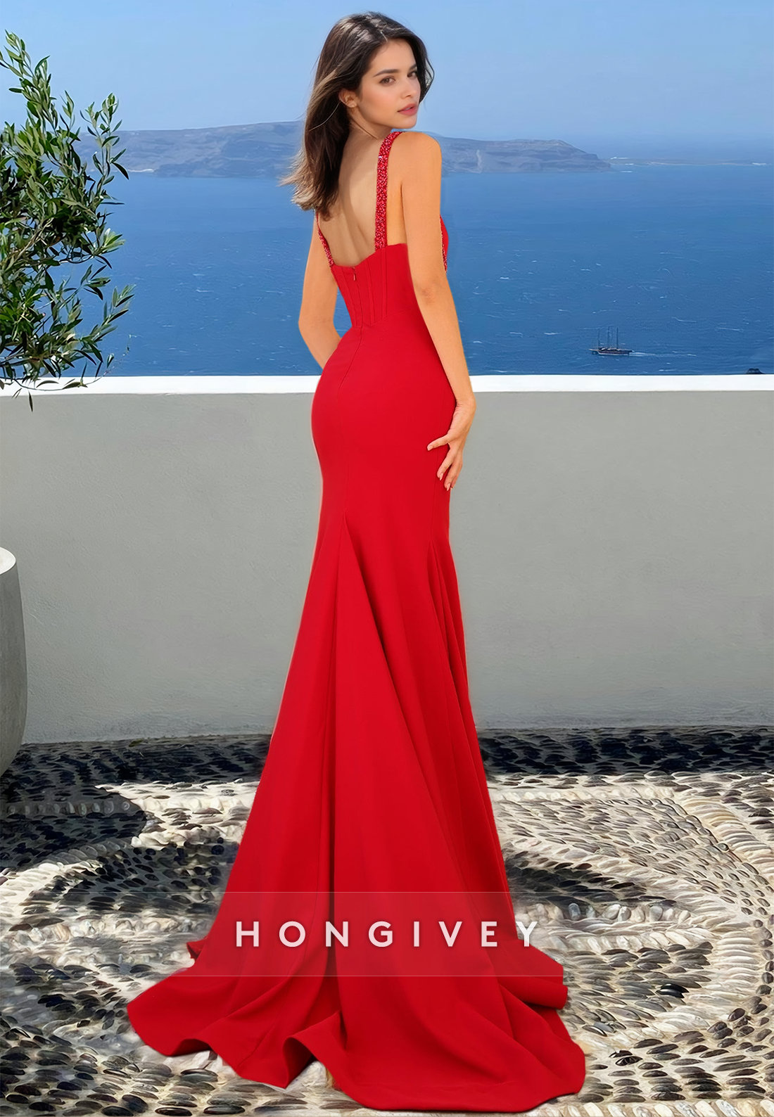 HONGIVEY Straps Trumpet Formal Evening Dress Simple Side Slit Floor-Length Prom Gown