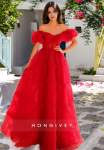 HONGIVEY 2025 Special Stripe Tulle Prom Dress Red Off-Shoulder A-Line Ball Gown