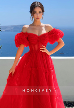 HONGIVEY 2025 Special Stripe Tulle Prom Dress Red Off-Shoulder A-Line Ball Gown