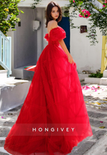 HONGIVEY 2025 Special Stripe Tulle Prom Dress Red Off-Shoulder A-Line Ball Gown