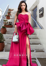 HONGIVEY Ruched Bow Evening Dress 2025 New Fuchsia Strapless Empire Waist Formal Gown