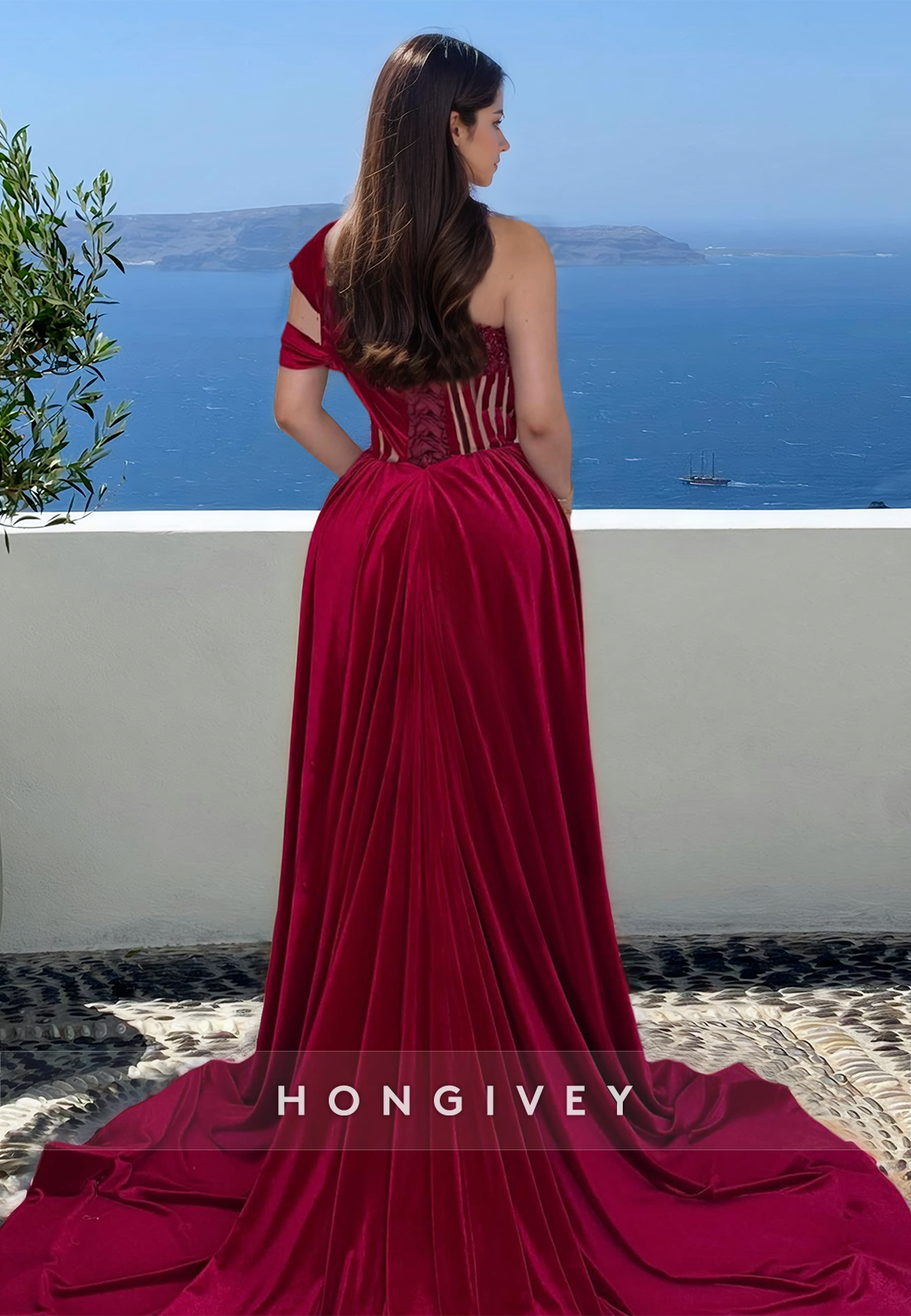 HONGIVEY Dark Red One Shoulder Side Slit Elegant Evening Dress Formal Party Gown