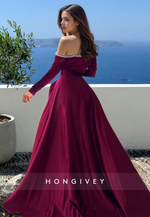 HONGIVEY Off-Shoulder Long Sleeves Formal Evening Dress Raspberry A-Line Prom Gown