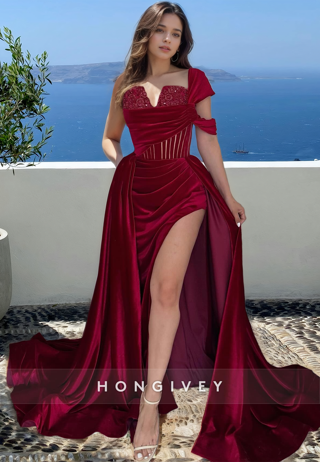 HONGIVEY Dark Red One Shoulder Side Slit Elegant Evening Dress Formal Party Gown