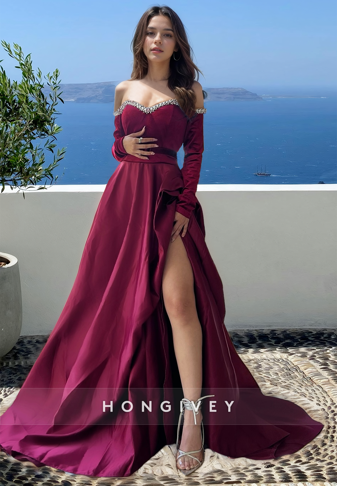 HONGIVEY Off-Shoulder Long Sleeves Formal Evening Dress Raspberry A-Line Prom Gown