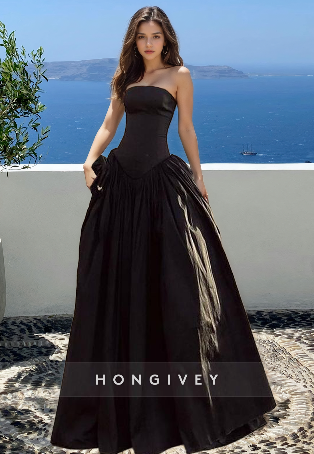 HONGIVEY Black Strapless Empire Waist A-Line Evening Dress Prom Gown Elegant Women