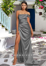 HONGIVEY Classic One Shoulder Ruched Evening Dress with Side Slit Formal Party Gown