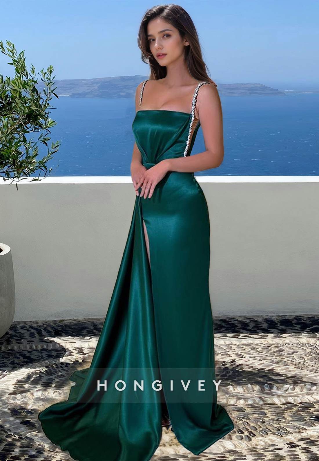 HONGIVEY Dark Green Straps Square Sheath Evening Dress  with Side Slit Formal Party Gown