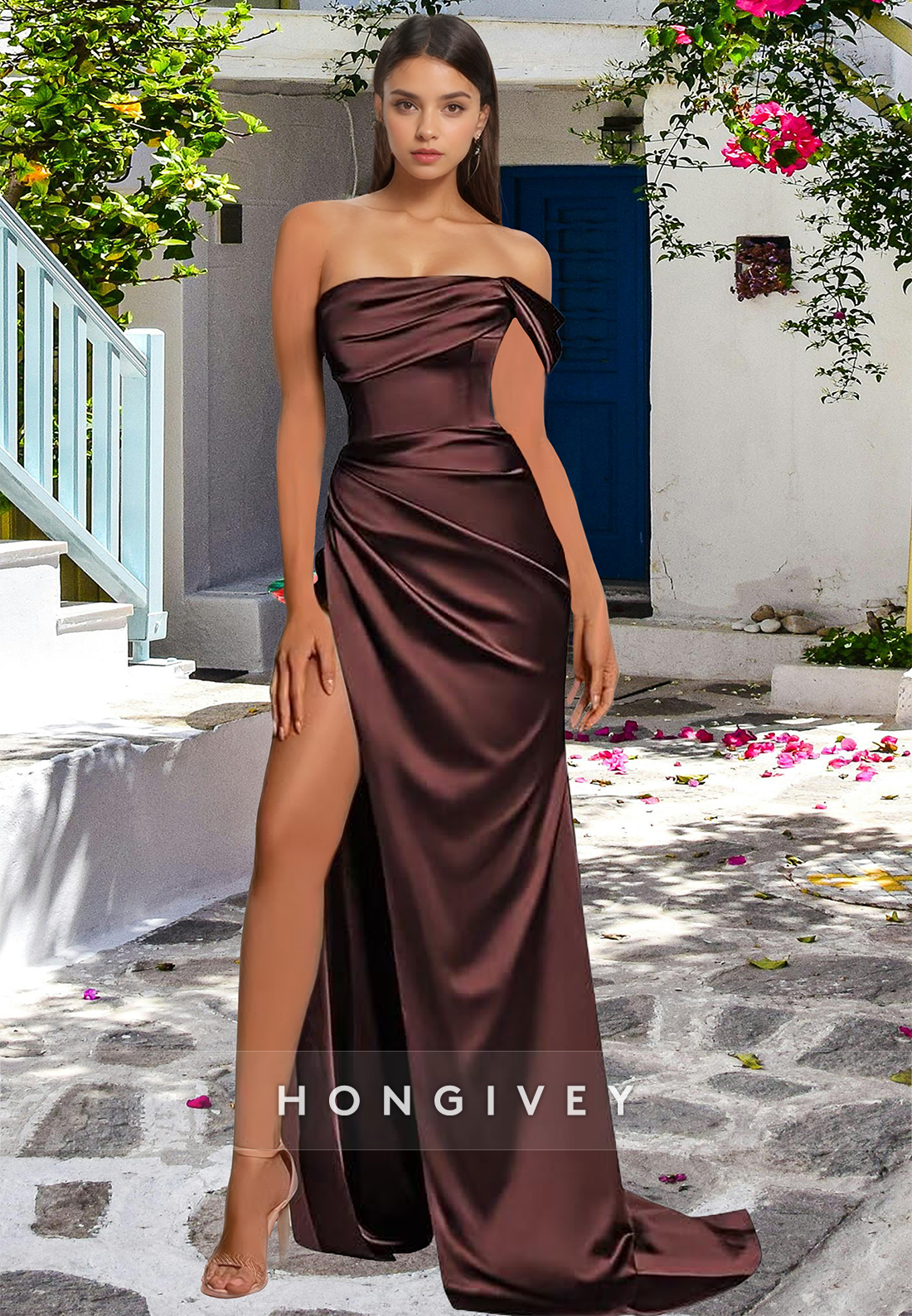 HONGIVEY Classic One Shoulder Ruched Evening Dress with Side Slit Formal Party Gown