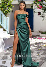 HONGIVEY Classic One Shoulder Ruched Evening Dress with Side Slit Formal Party Gown