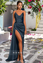 L0974 - Simple Couture Strapless Draped With Train and High Slit Evening Party Prom Formal Dress