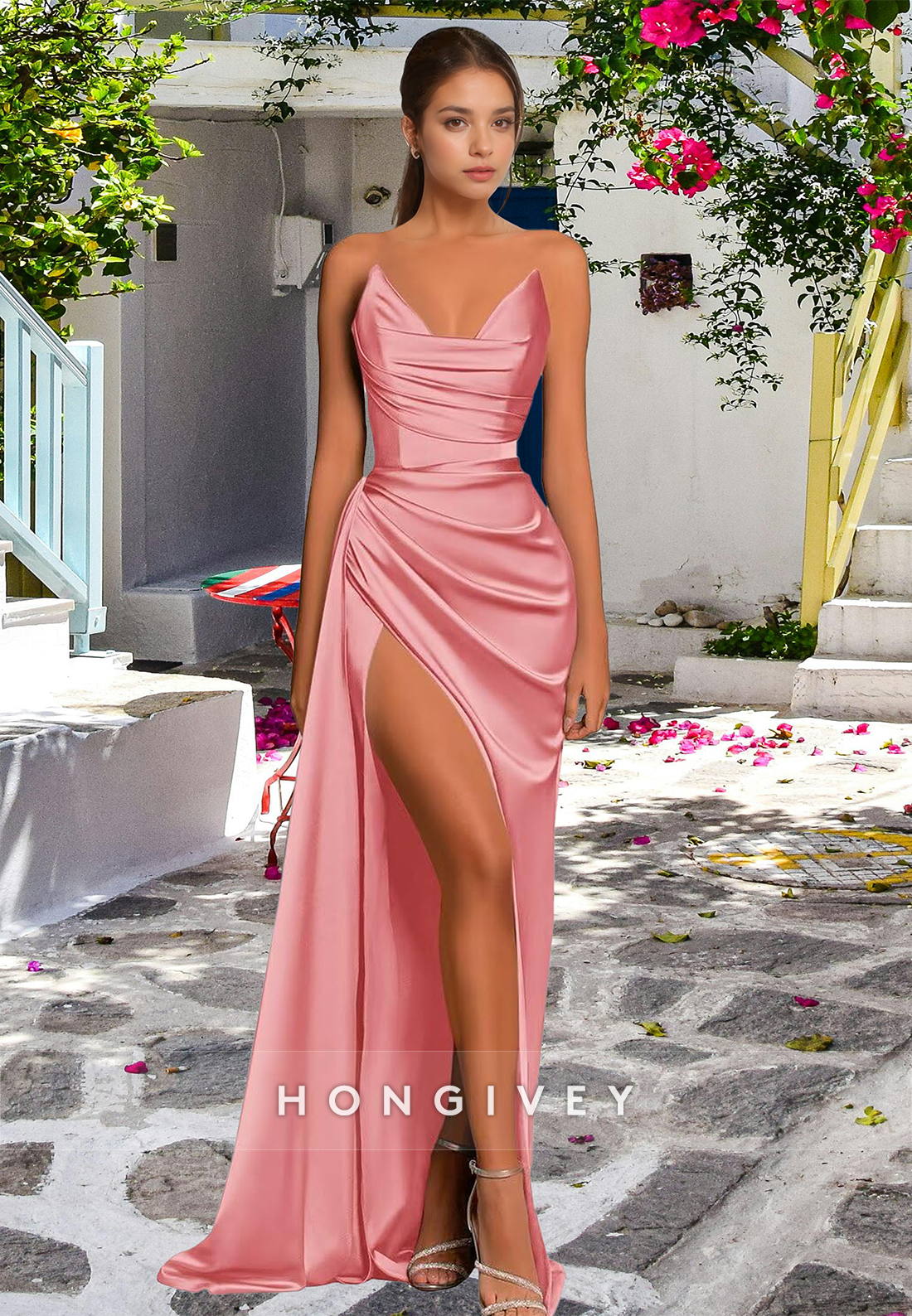 L0974 - Simple Couture Strapless Draped With Train and High Slit Evening Party Prom Formal Dress