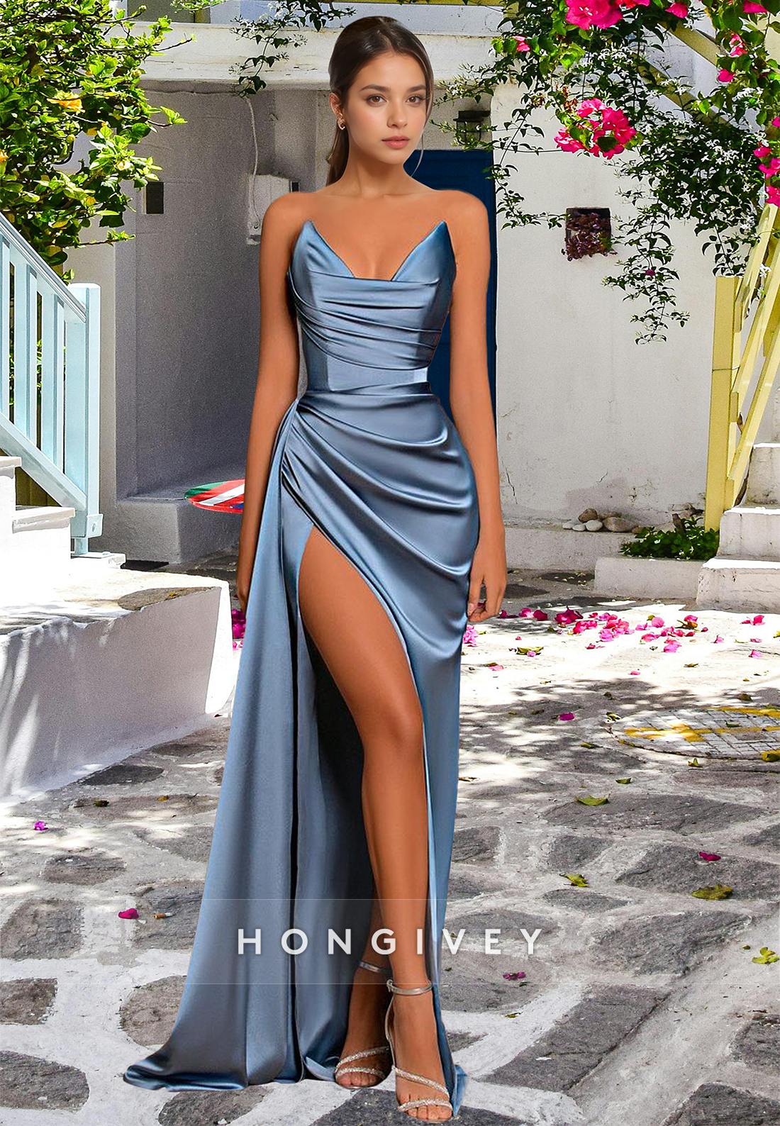 HONGIVEY V-Neck Strapless Ruched Evening Dress Classic Simple Formal Party Gown