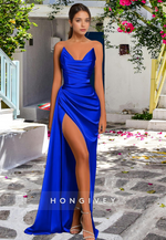 L0974 - Simple Couture Strapless Draped With Train and High Slit Evening Party Prom Formal Dress