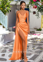 L0974 - Simple Couture Strapless Draped With Train and High Slit Evening Party Prom Formal Dress