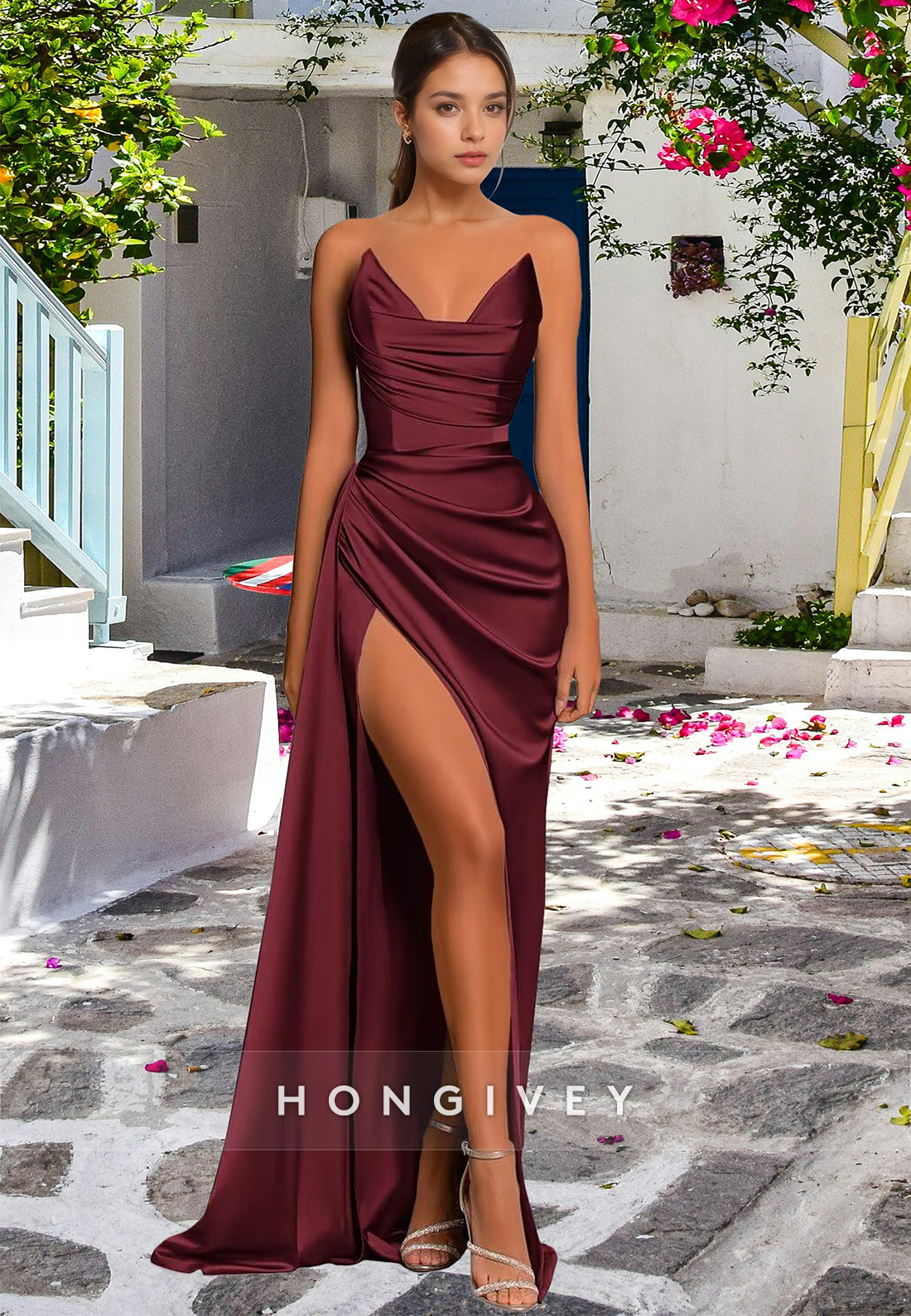 L0974 - Simple Couture Strapless Draped With Train and High Slit Evening Party Prom Formal Dress